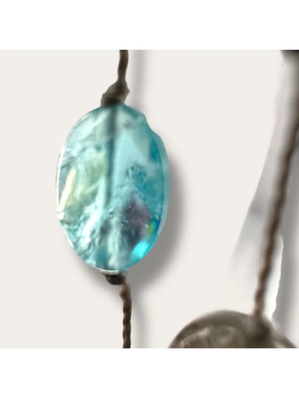 Handcrafted Sea Glass Bead Necklace Hand Knotted Aqua & Smoky Bead 36 inch EVC